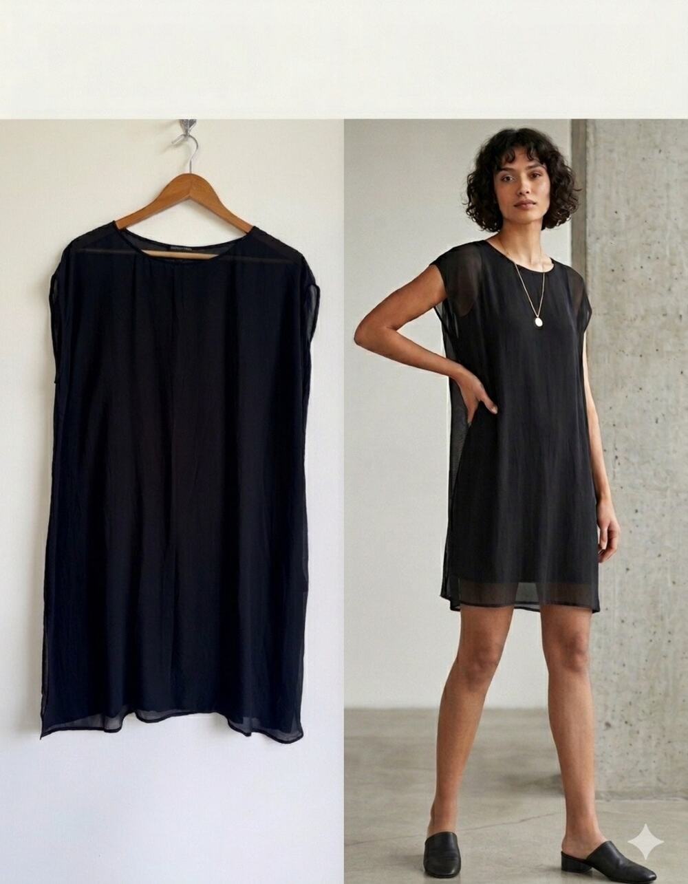 Eileen Fisher Black Sheer Shift Dress Medium Minimalist Silk Layering Tunic 36"